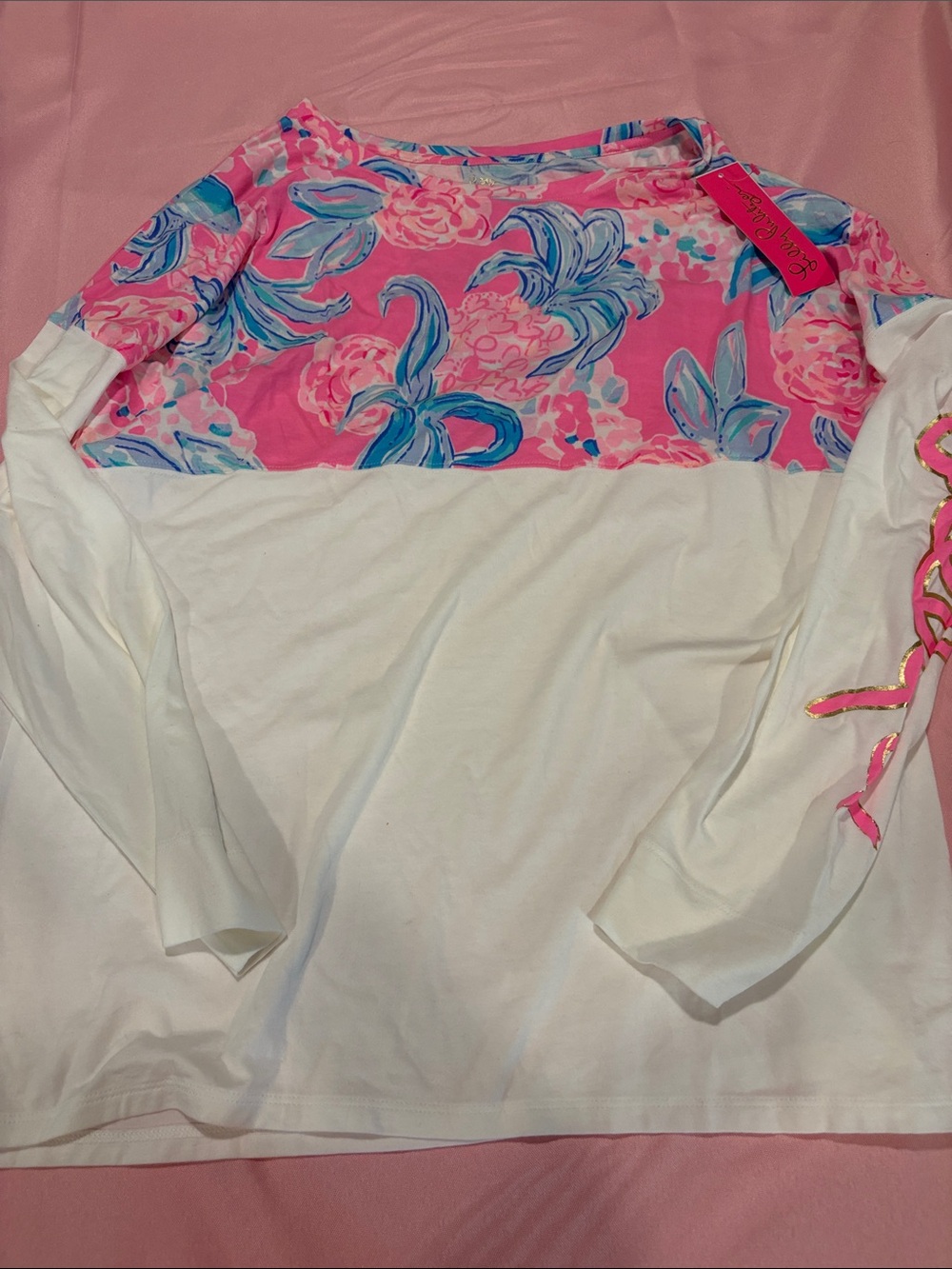 Lilly Pulitzer Finn Top L Pinking Positive Pink Floral Print With Purpose NWT